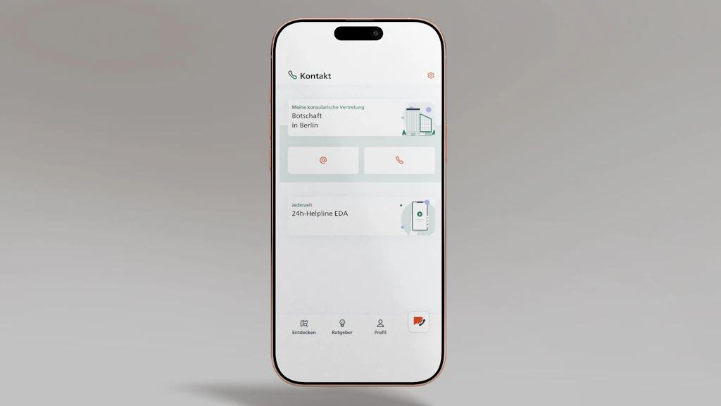 Das Bild zeigt ein Smartphone, auf dem die Seite «Kontakte der Vertretung» der App SwissInTouch geöffnet ist.